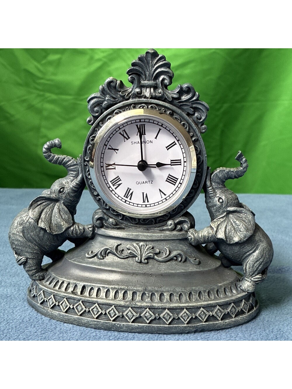 Shannon Quartz Desk Clock Analog Elephant Design Roman Numerals Gray